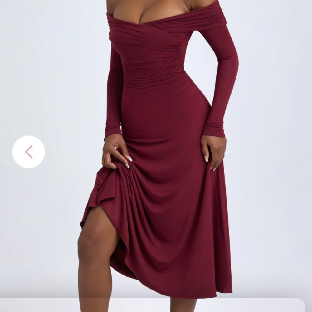 OhPolly Modal Off-Shoulder Ruched Midaxi Dress in Wine Red